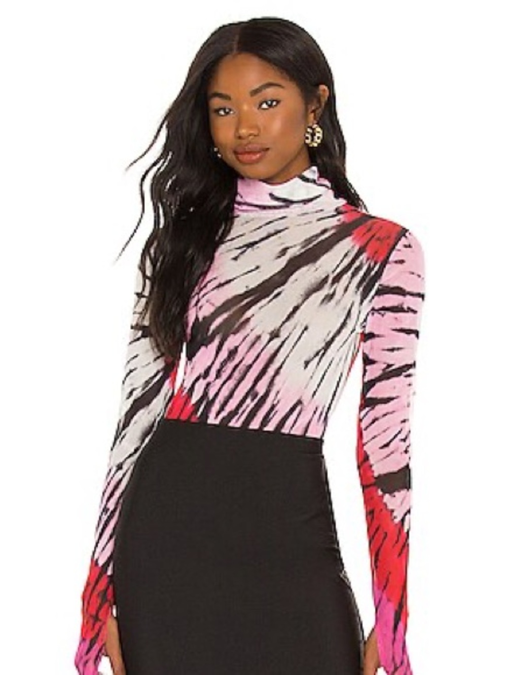 AFRM Zadie Top Pink Halo Tie Die Black Abstract Print Long Sleeve Turtleneck Top